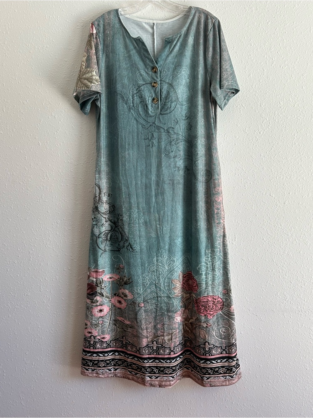 Cottagecore Dress Teal Floral Print Midi Short Sleeve Size M Stretch Pockets